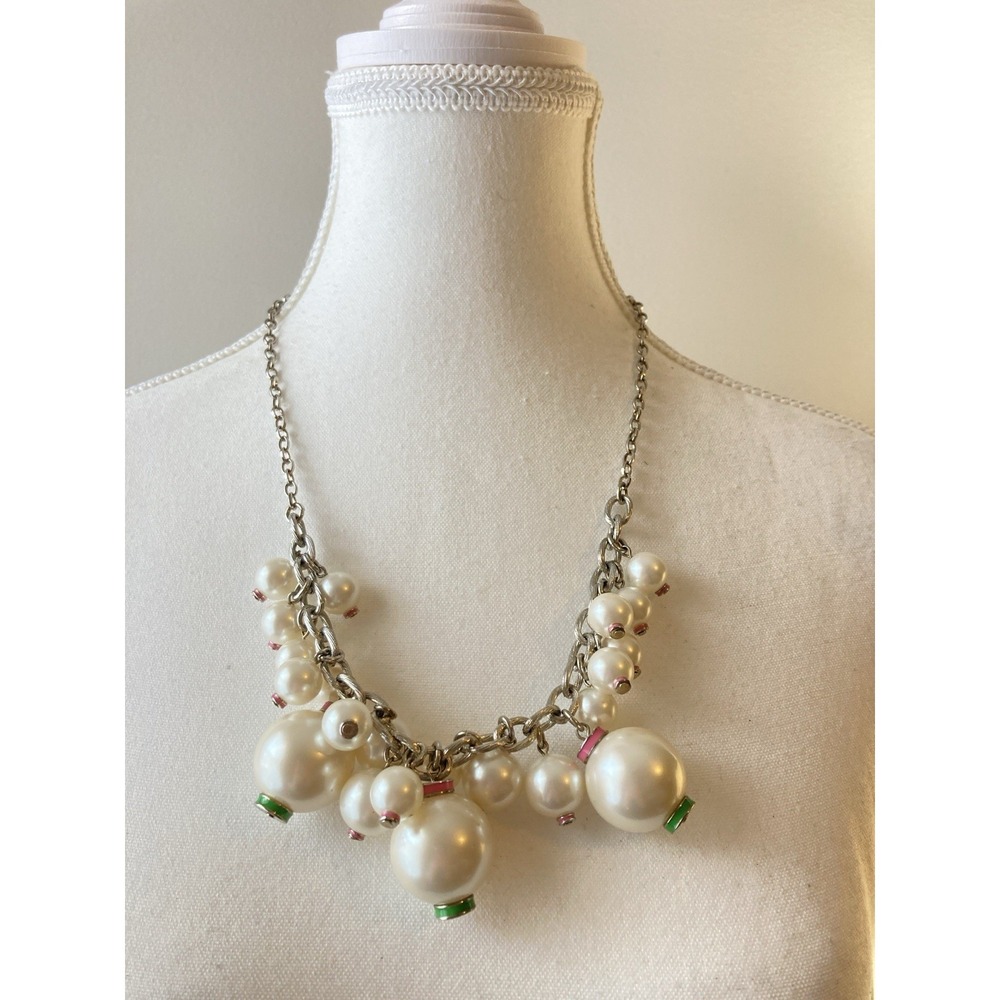 Faux Pearl Cluster Charm Necklace Silver Tone Pink Green Accent Statement Chunky